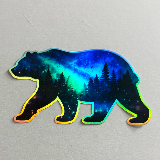 Holographic Aurora Borealis Bear Sticker - 4"x3" Galaxy Nature Vinyl Decal