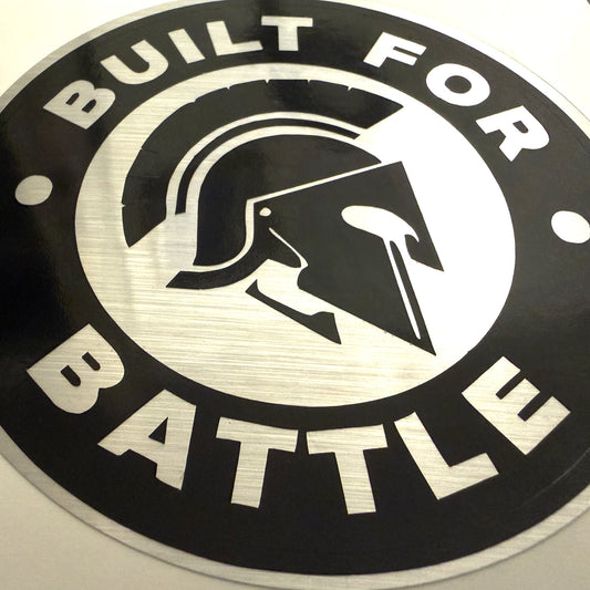 Built For Battle Spartan Helmet Metallic Silver Sticker Decal 3.5" Round Waterproof Vinyl