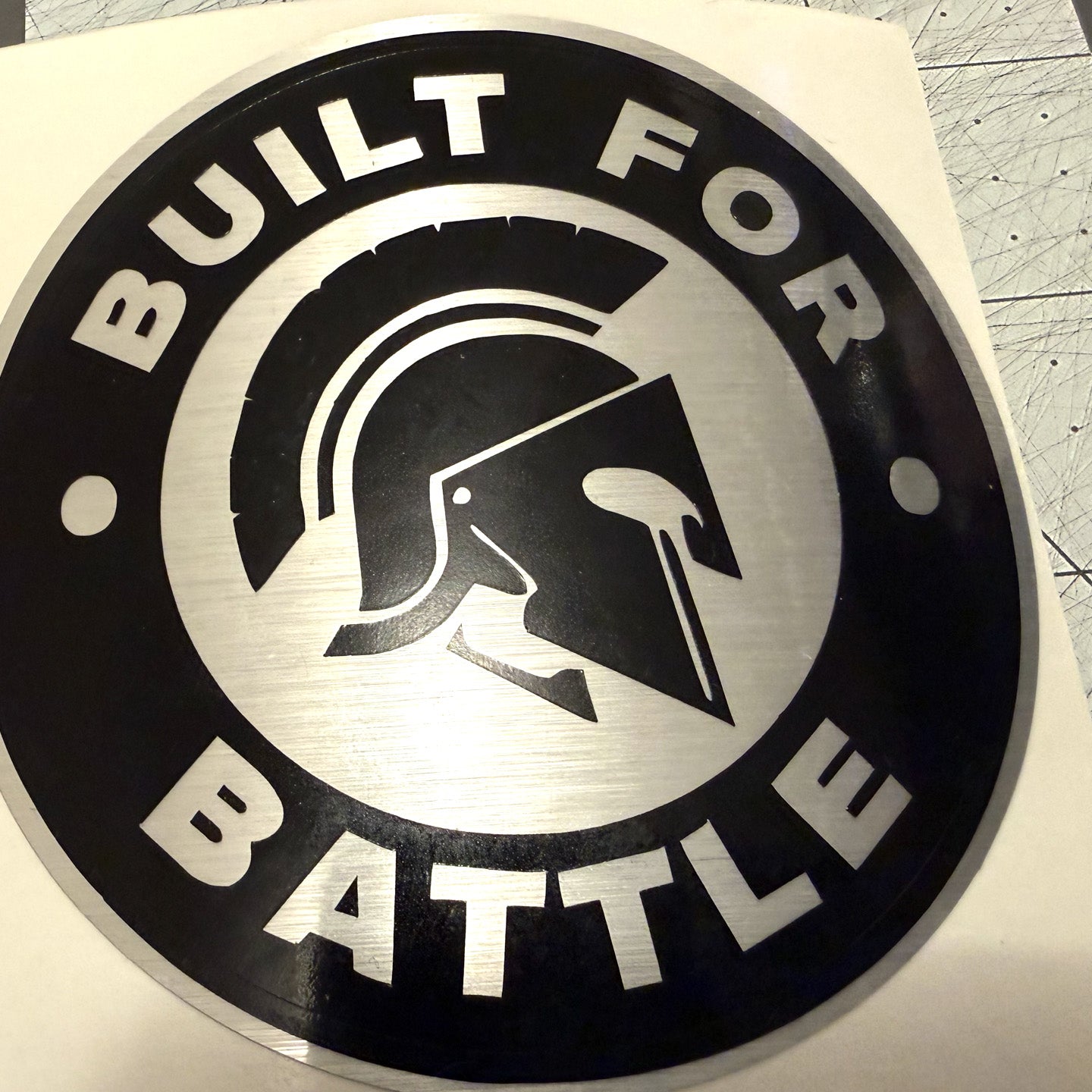 Built For Battle Spartan Helmet Metallic Silver Sticker Decal 3.5" Round Waterproof Vinyl