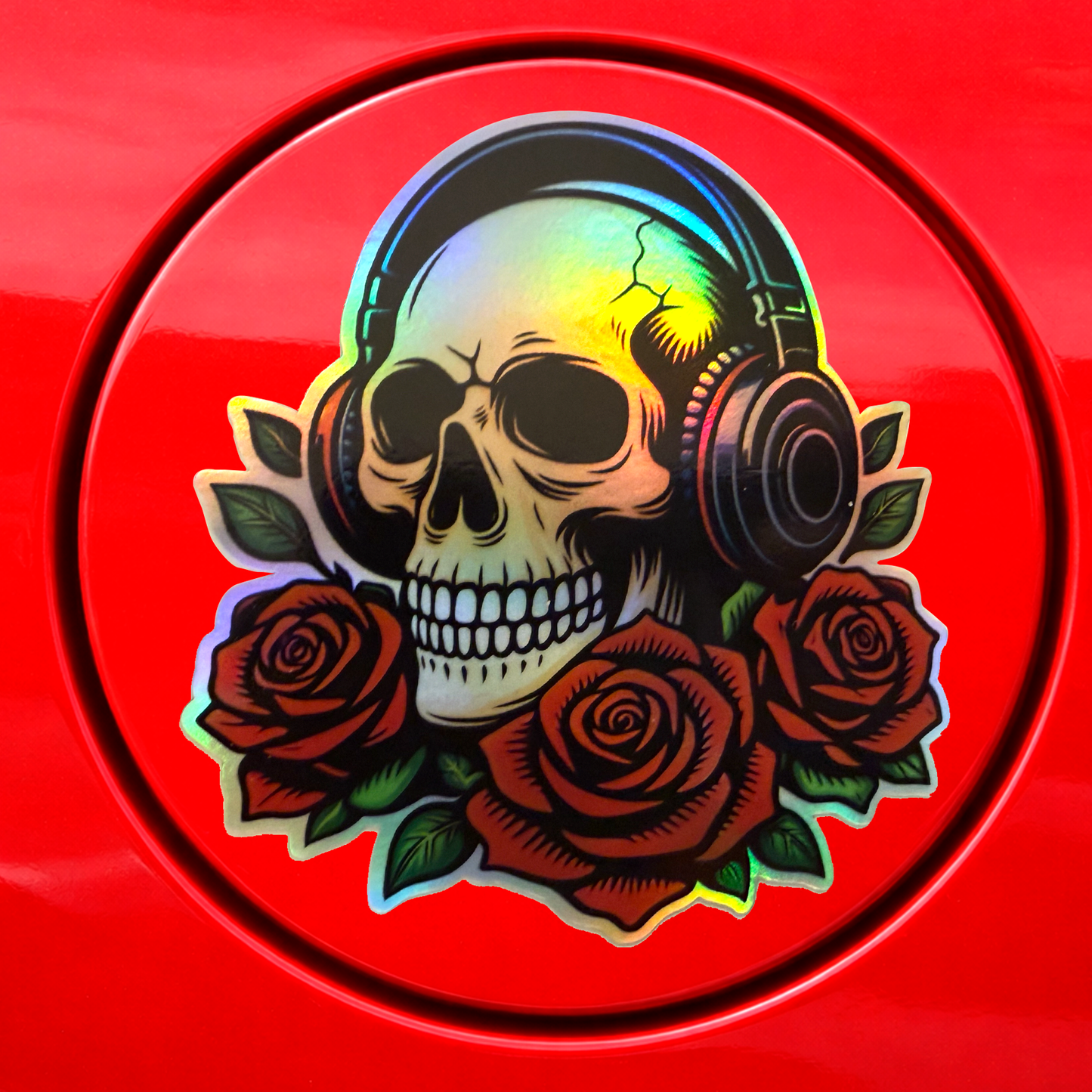 Holographic Skull with Headphones Sticker - 3"x4" Rocker Roses Vinyl Decal