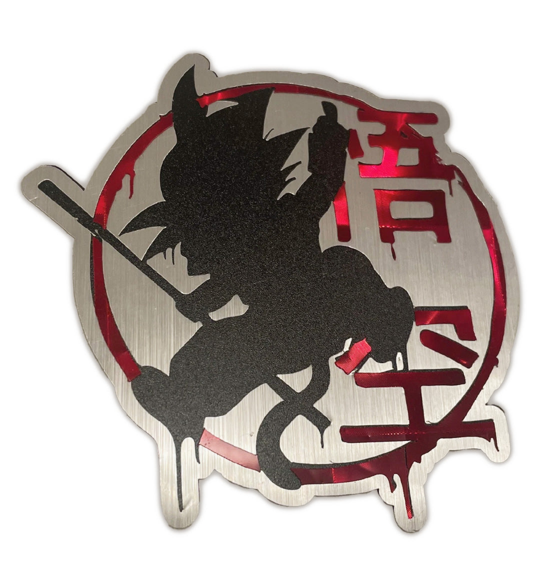 Brushed Metal Look with Red Holographic Goku Silhouette