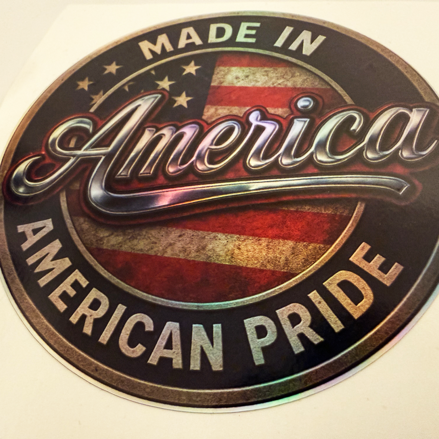 Made In America Holographic Sticker – American Pride Vinyl Decal – 3.5" Round