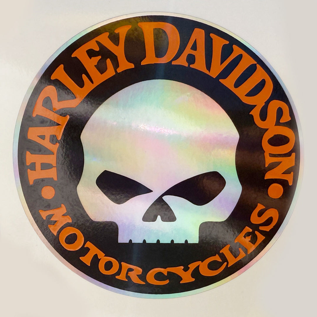 Harley Skull Holographic Sticker 3.5" – Orange Harley Davidson Decal for Cars, Motorcycles, Toolboxes, Laptops