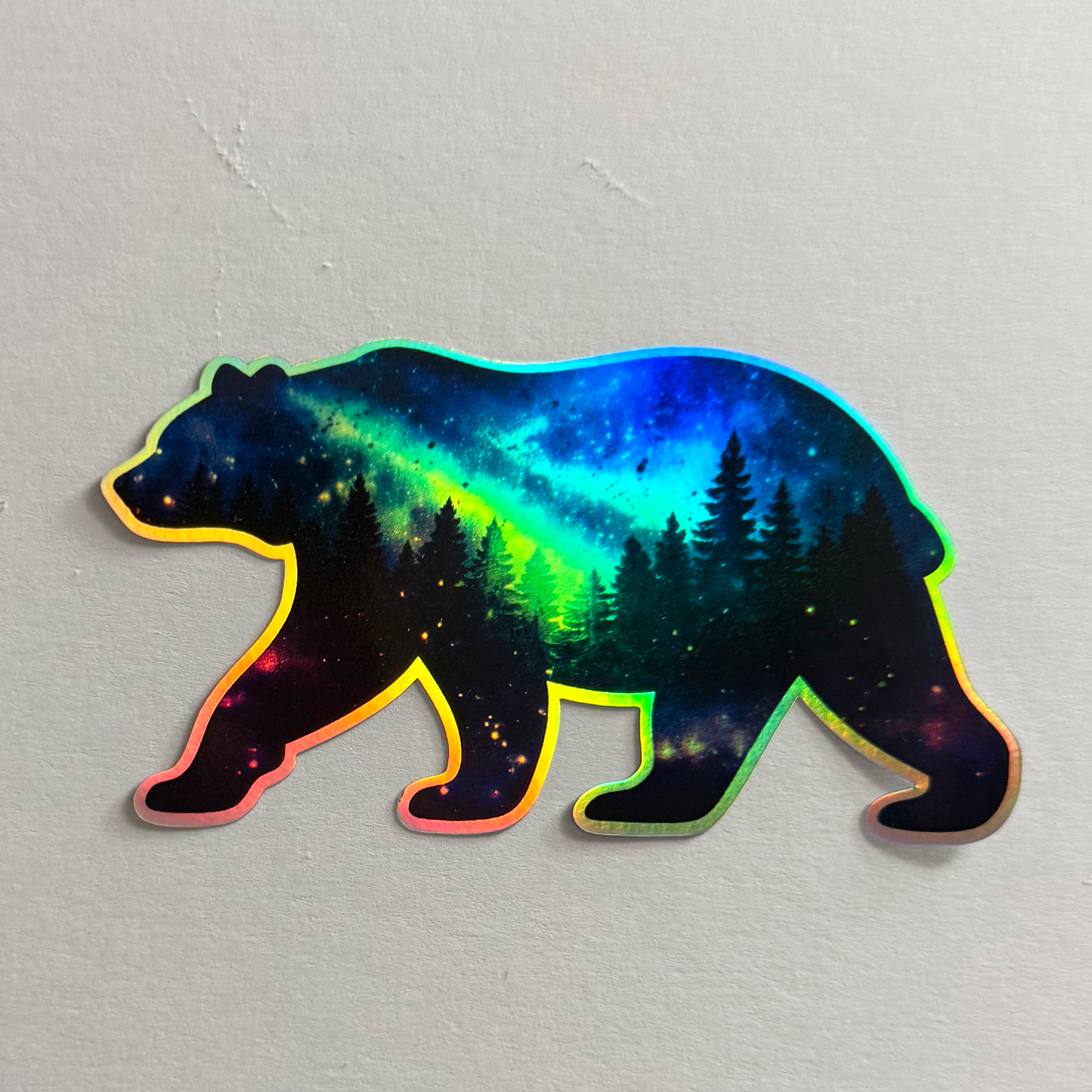 Holographic Aurora Borealis Bear Sticker - 4"x3" Galaxy Nature Vinyl Decal