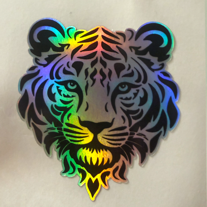Tribal Tiger Head Holographic Vinyl Sticker – Waterproof Animal Decal – 3.5" x 3.5"