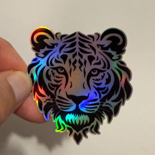 Tribal Tiger Head Holographic Vinyl Sticker – Waterproof Animal Decal – 3.5" x 3.5"