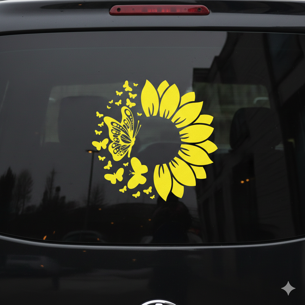 Sunflower & Butterfly Floral Vinyl Sticker 4x4 Inch – Choose Your Color