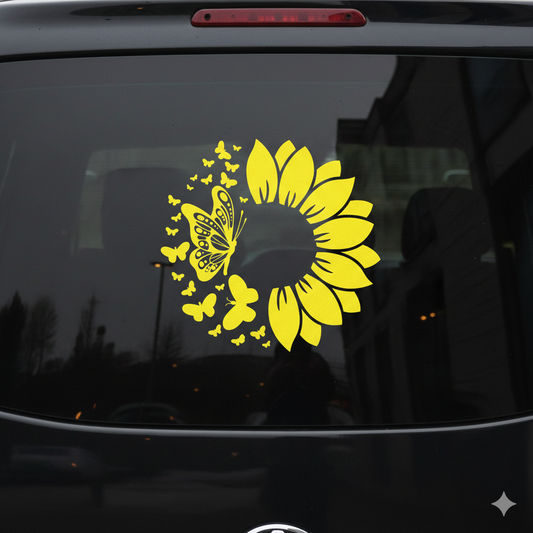 Sunflower & Butterfly Floral Vinyl Sticker 4x4 Inch – Choose Your Color