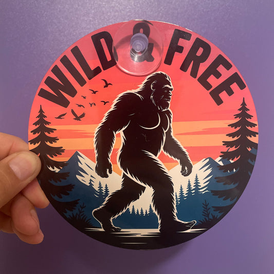 “Wild & Free” Bigfoot Design – Indoor/Outdoor Metal Sign with Suction Cup, 5.5" Round Aluminum Sign