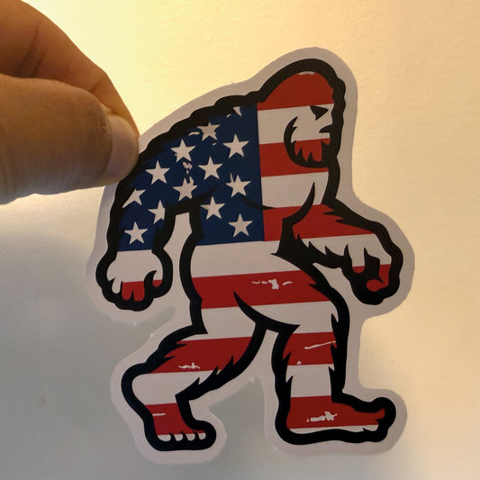Patriotic Bigfoot US Flag Vinyl Sticker - 3" x 4" Full Color Die-Cut Decal