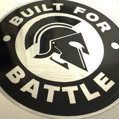 Built For Battle Spartan Helmet Metallic Silver Sticker Decal 3.5" Round Waterproof Vinyl