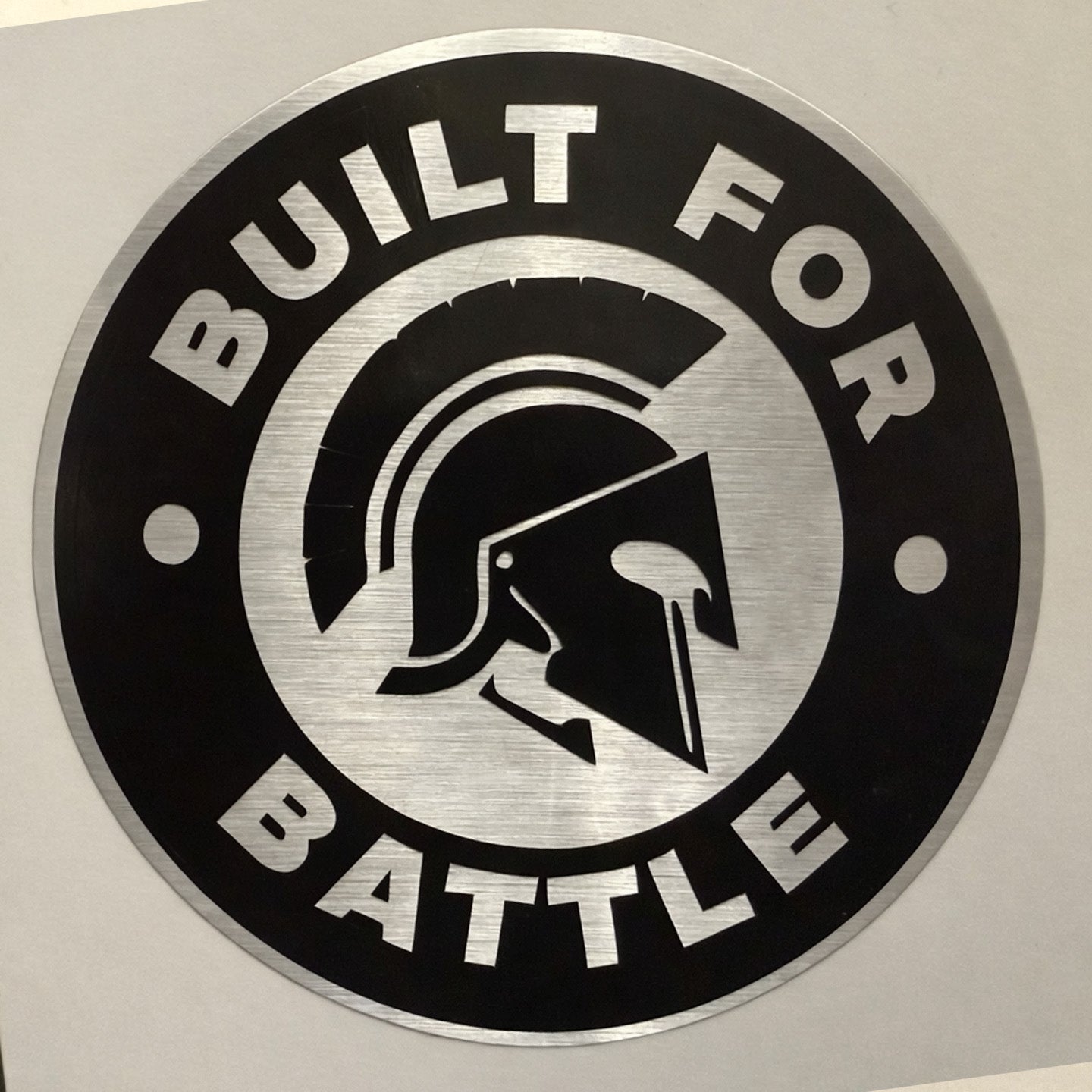 Built For Battle Spartan Helmet Metallic Silver Sticker Decal 3.5" Round Waterproof Vinyl