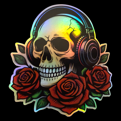Holographic Skull with Headphones Sticker - 3"x4" Rocker Roses Vinyl Decal