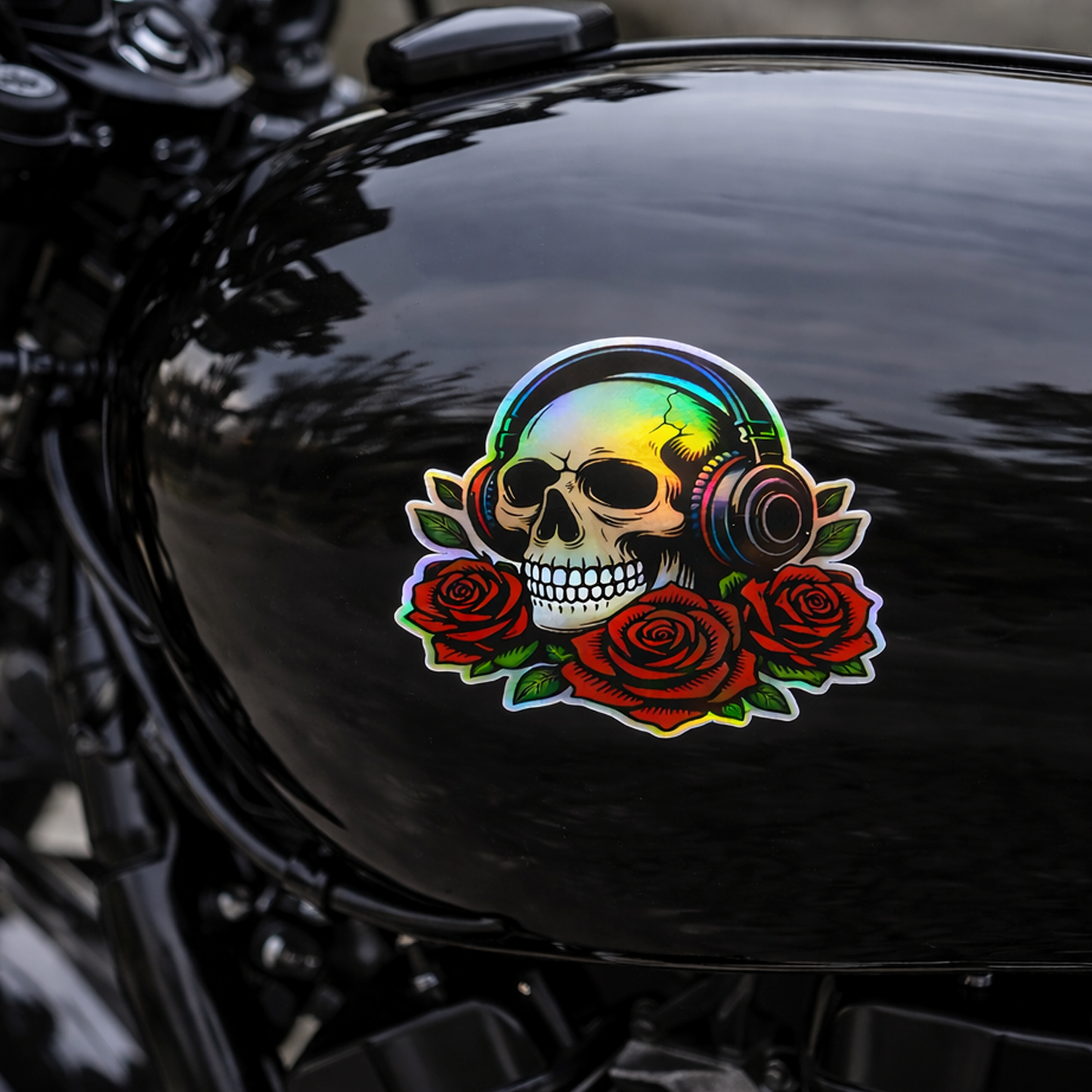 Holographic Skull with Headphones Sticker - 3"x4" Rocker Roses Vinyl Decal