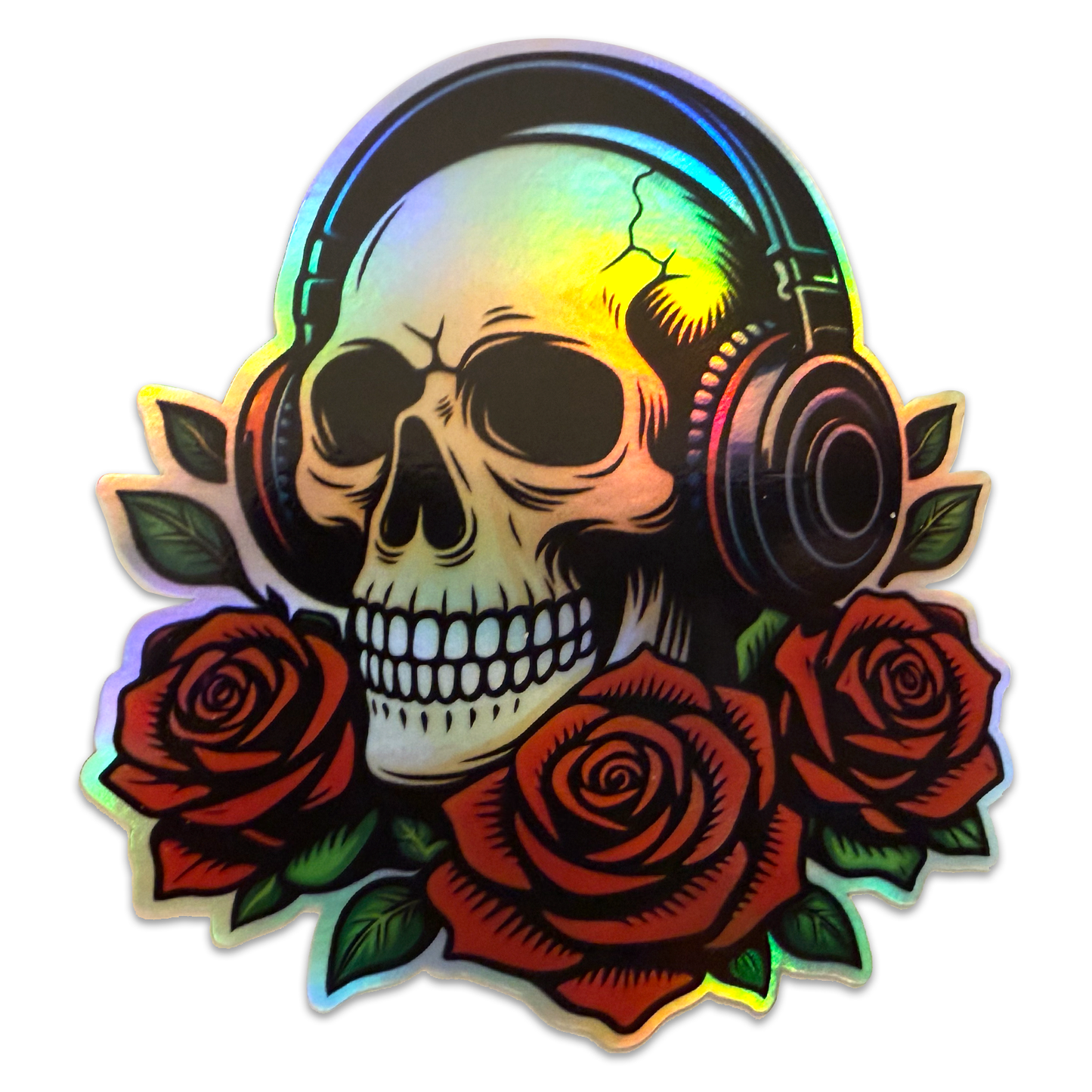 Holographic Skull with Headphones Sticker - 3"x4" Rocker Roses Vinyl Decal