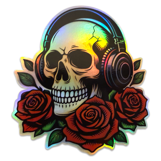 Holographic Skull with Headphones Sticker - 3"x4" Rocker Roses Vinyl Decal