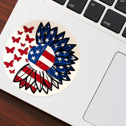 American Flag Sunflower Sticker – Patriotic Floral Vinyl Decal – Waterproof USA Pride Sticker – 3.5