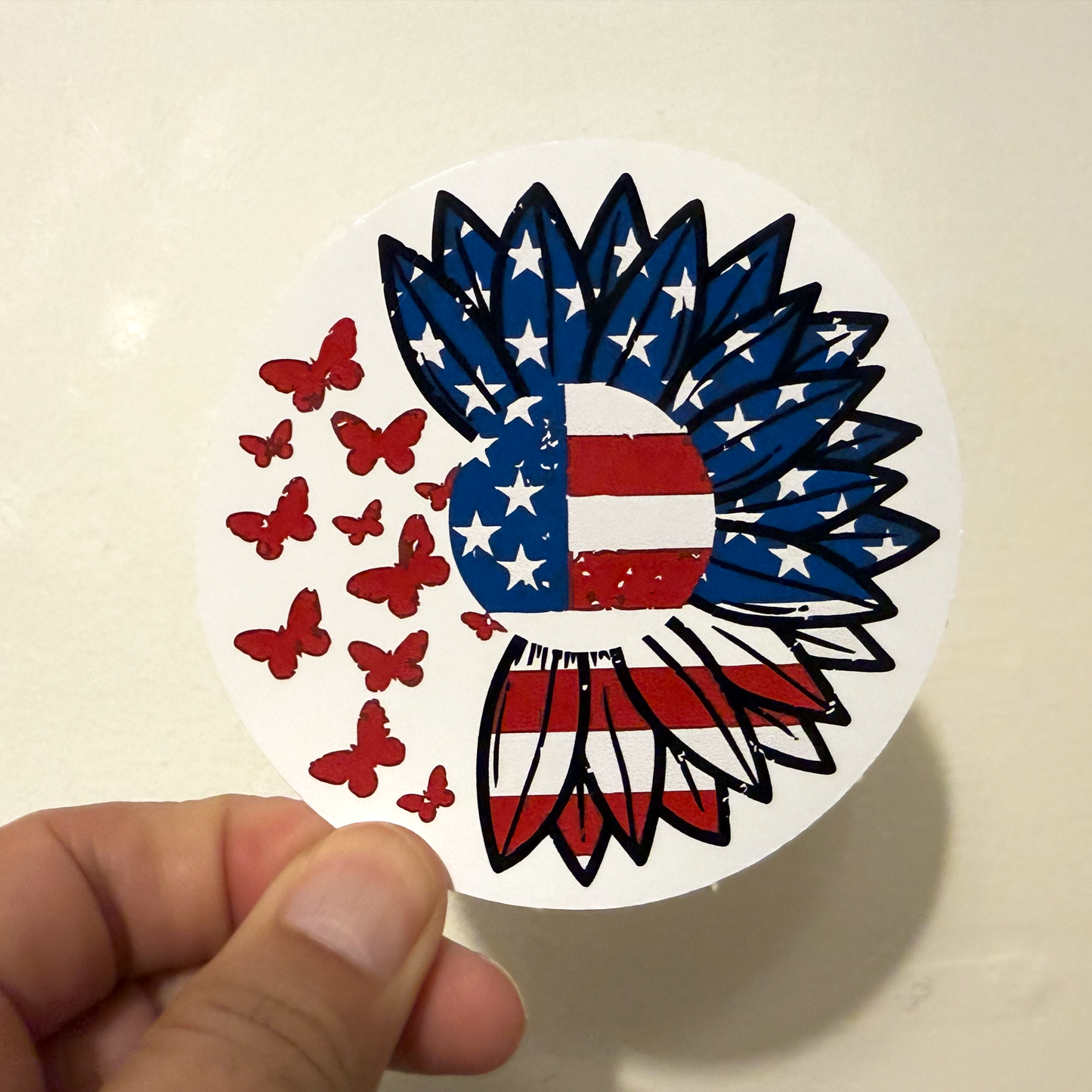 American Flag Sunflower Sticker – Patriotic Floral Vinyl Decal – Waterproof USA Pride Sticker – 3.5