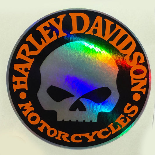 Harley Skull Holographic Sticker 3.5" – Orange Harley Davidson Decal for Cars, Motorcycles, Toolboxes, Laptops
