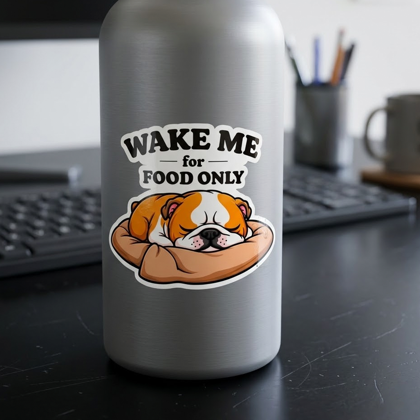 Wake Me For Food Only Funny Bulldog Sticker Decal 4" x 3" Waterproof Vinyl Dog Lover  Alternative Title: