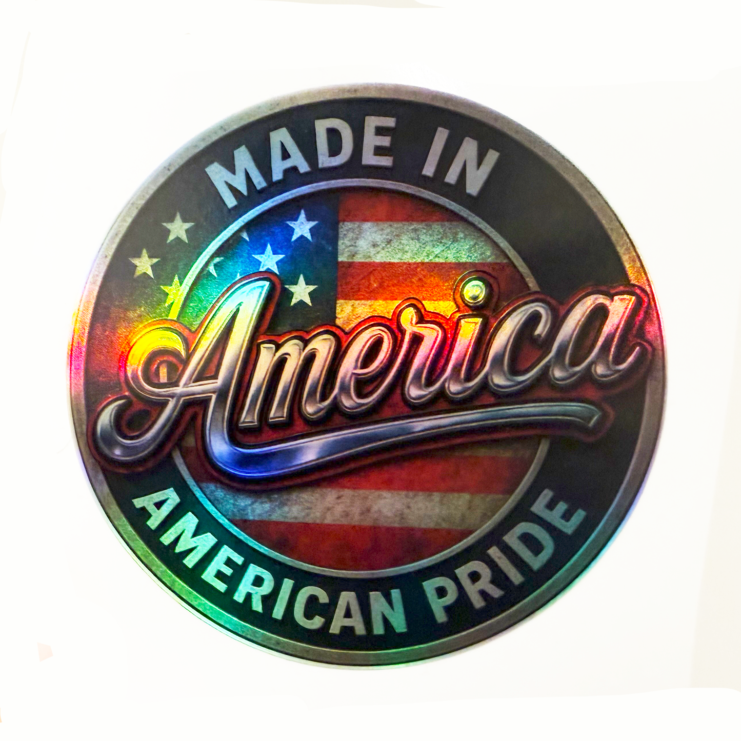 Made In America Holographic Sticker – American Pride Vinyl Decal – 3.5" Round