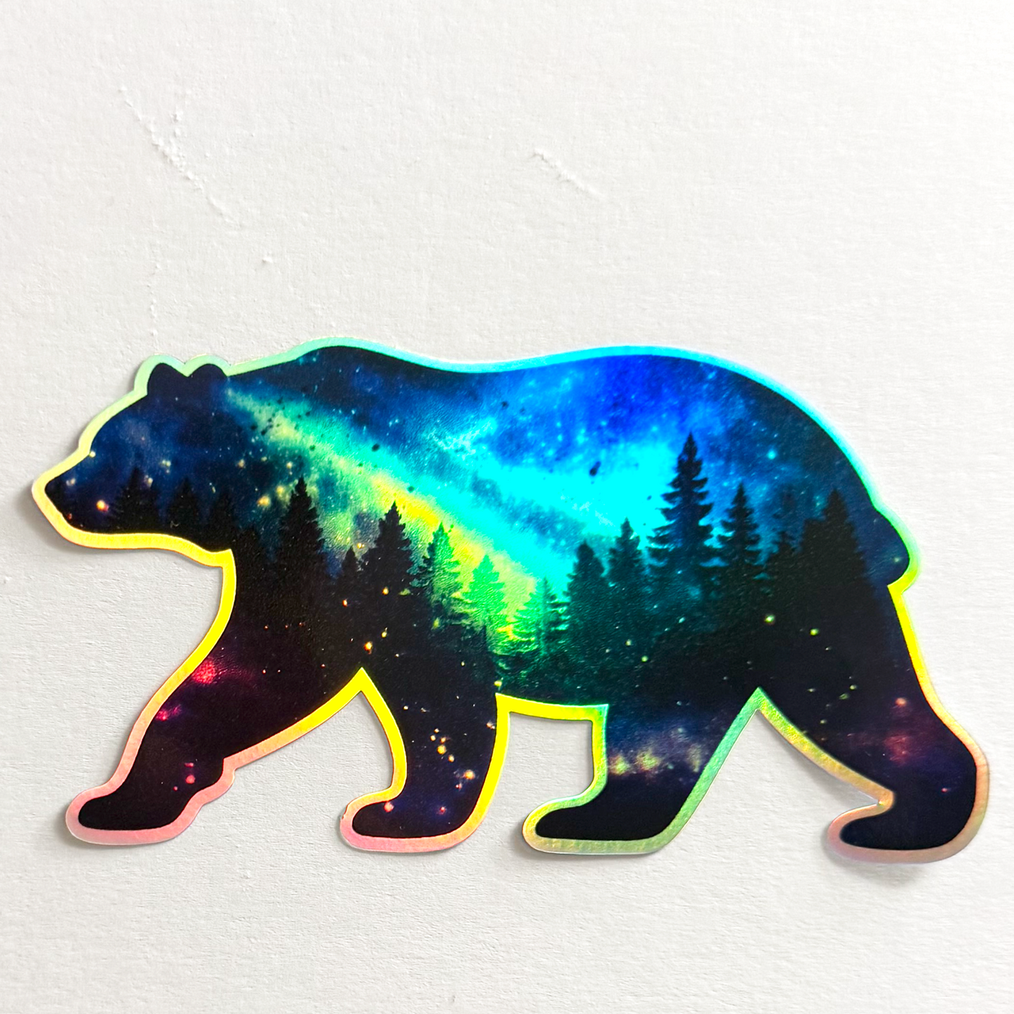 Holographic Aurora Borealis Bear Sticker - 4"x3" Galaxy Nature Vinyl Decal