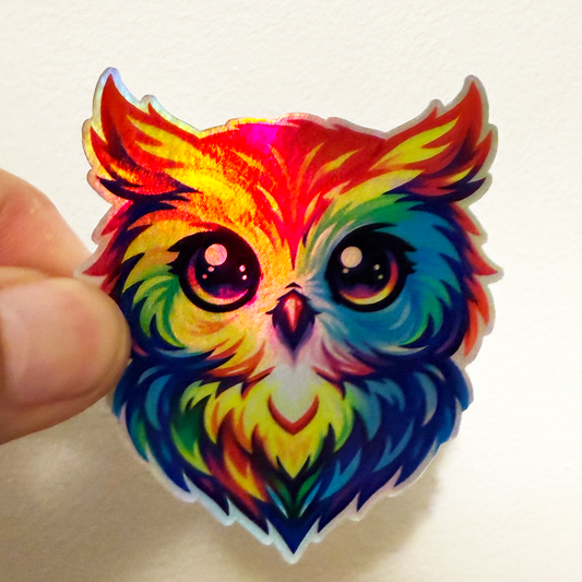 Holographic Psychedelic Owl Sticker - 3"x3" Fire Eyes Mystic Bird Vinyl Decal