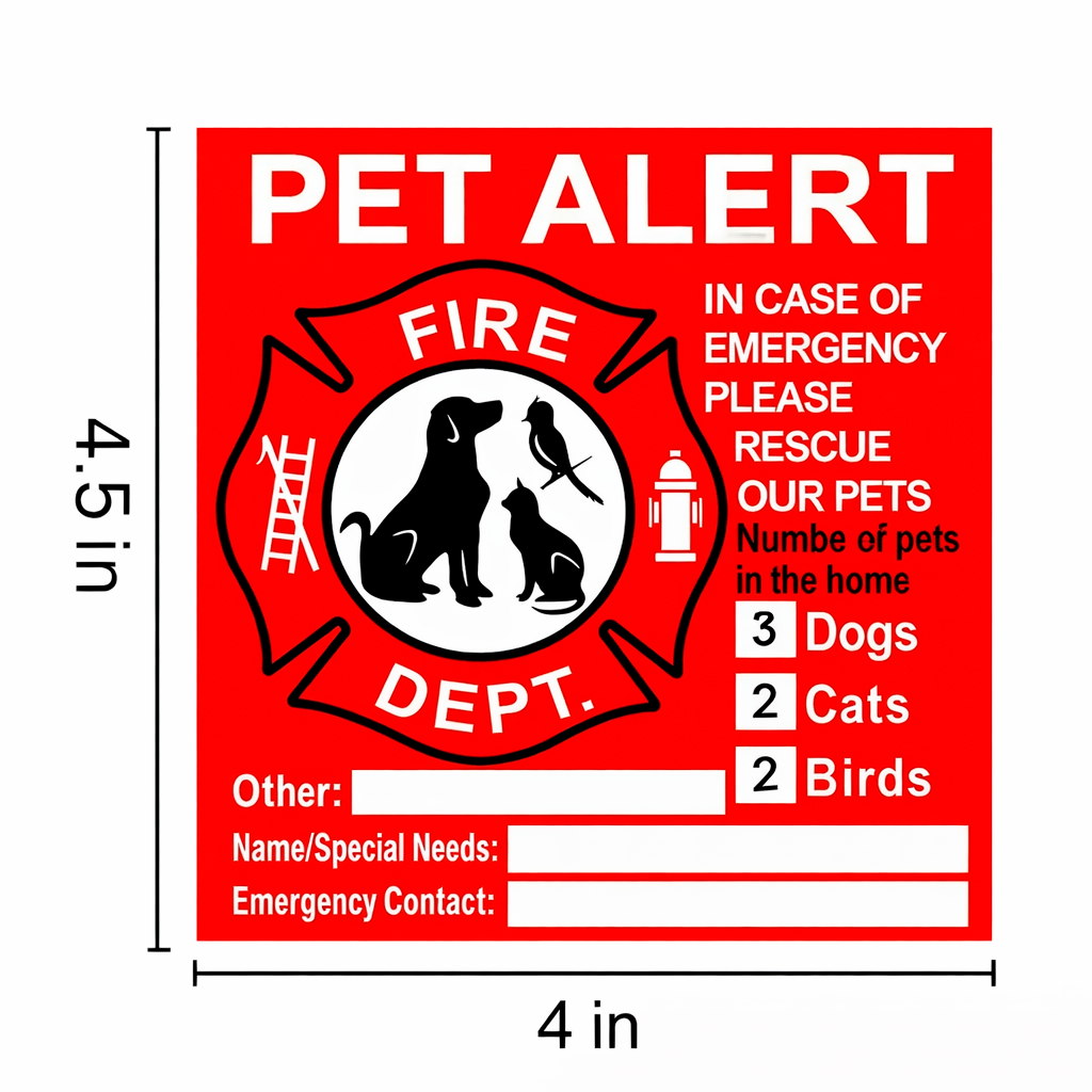 Emergency Pet Alert Fire Rescue Stickers - 4 Pack Premium Vinyl Decal (4" x 4.5")