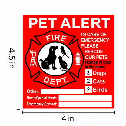 Emergency Pet Alert Fire Rescue Stickers - 4 Pack Premium Vinyl Decal (4" x 4.5")