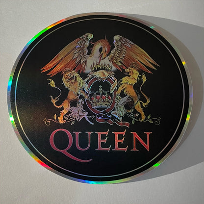 Holographic Queen Band Sticker – Rock Vinyl Decal with Crest Logo
