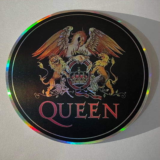 Holographic Queen Band Sticker – Rock Vinyl Decal with Crest Logo