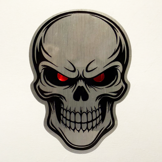 Retro Metallic Skull Vinyl Sticker - 3"x4" Silver Chrome Tech Biker Decal