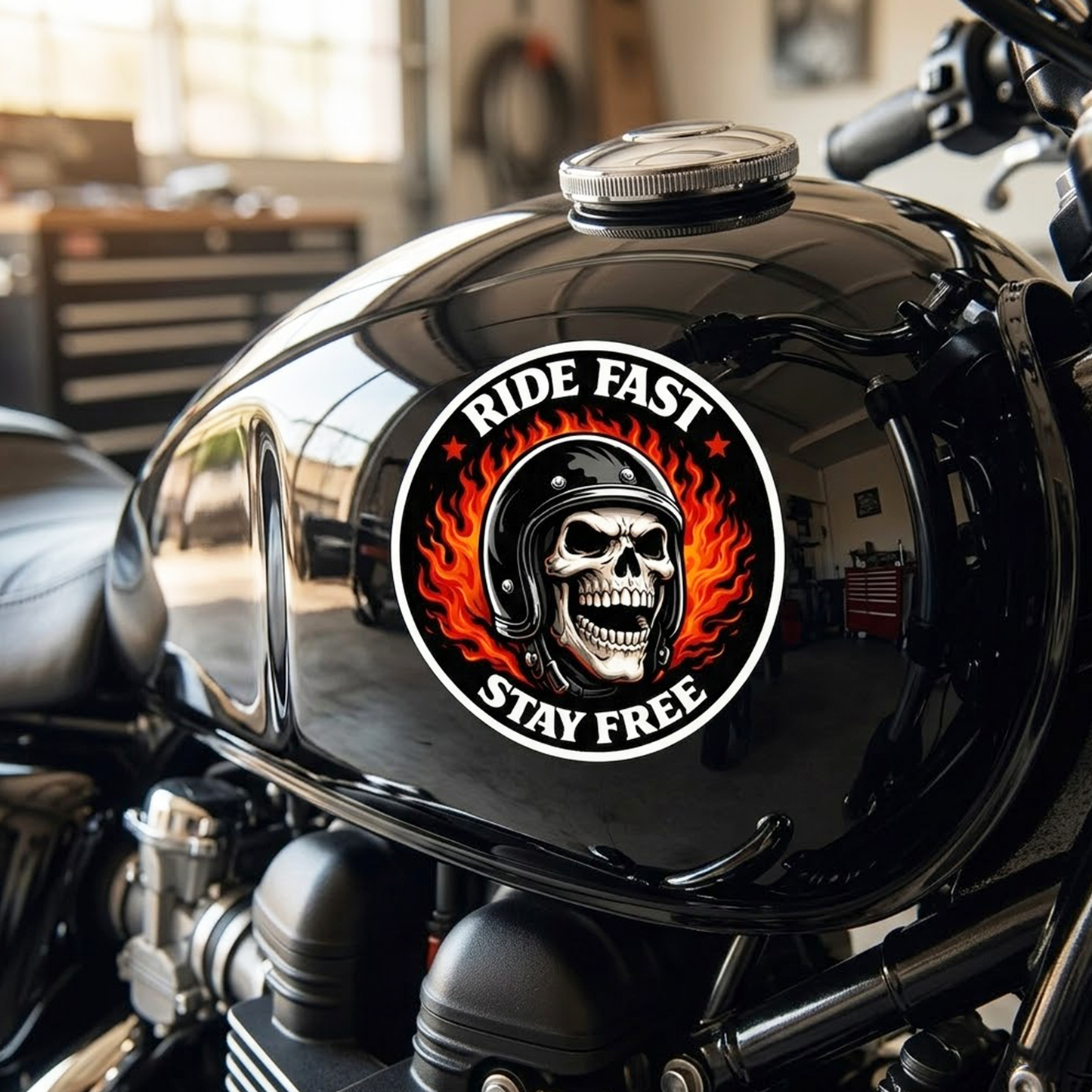 Ride Fast Stay Free Sticker Pack – Set of 2 Motorcycle Skull Vinyl Decals – 3.5" x 3.5"
