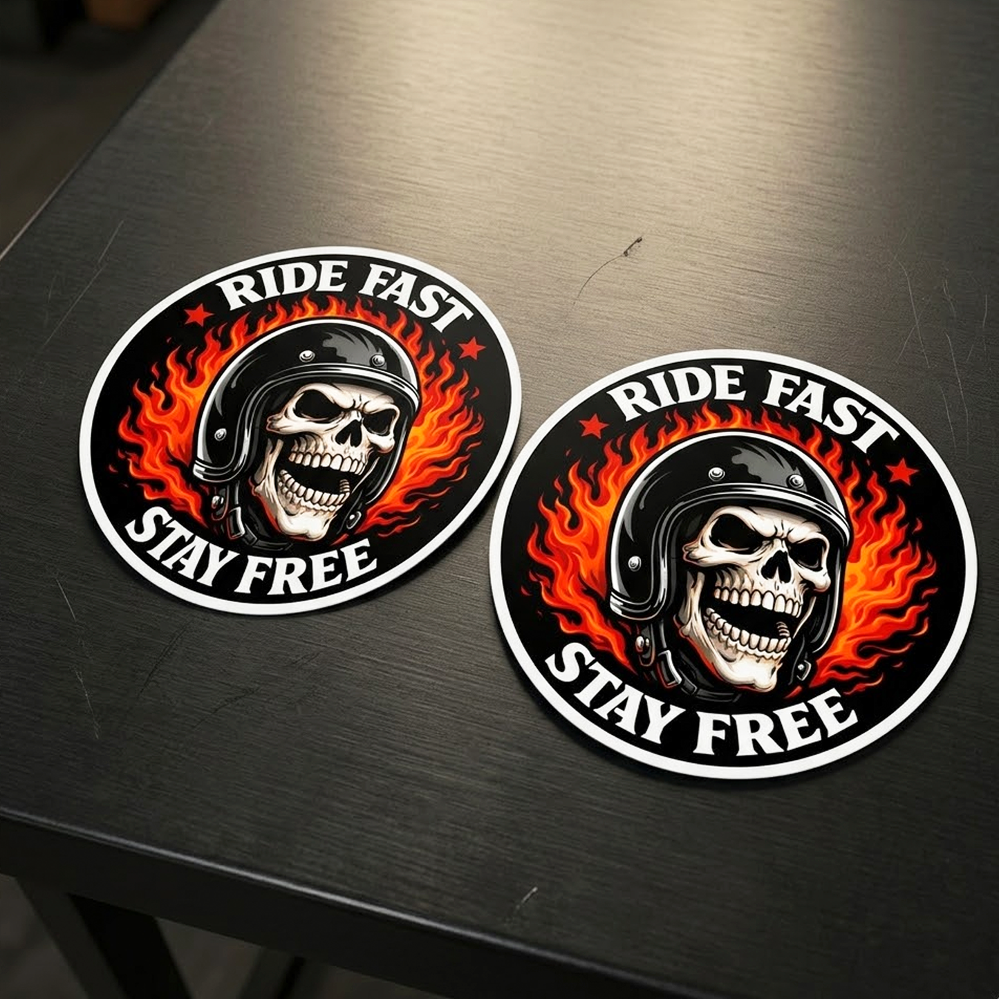 Ride Fast Stay Free Sticker Pack – Set of 2 Motorcycle Skull Vinyl Decals – 3.5" x 3.5"