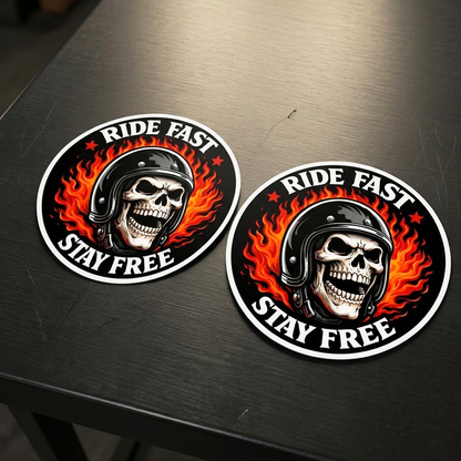 Ride Fast Stay Free Sticker Pack – Set of 2 Motorcycle Skull Vinyl Decals – 3.5" x 3.5"