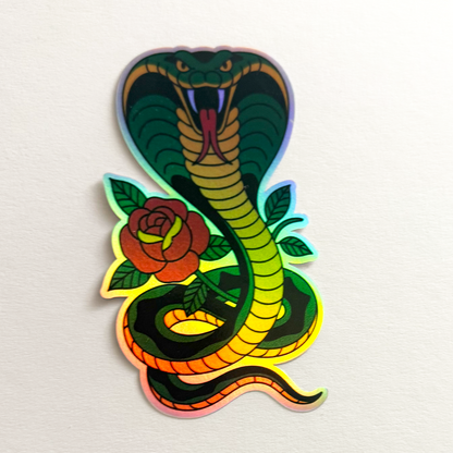 Holographic Cobra Snake with Rose Sticker - Premium Vinyl Decal for Cars & Motos