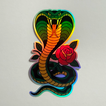 Holographic Cobra Snake with Rose Sticker - Premium Vinyl Decal for Cars & Motos
