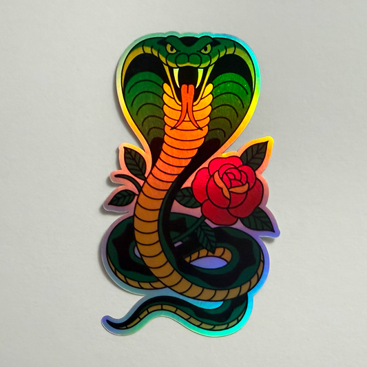 Holographic Cobra Snake with Rose Sticker - Premium Vinyl Decal for Cars & Motos