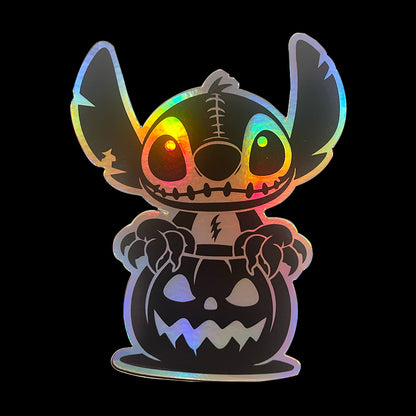 Holographic Stitch Halloween Sticker – Cute Vinyl Decal for Laptops, Cars & More