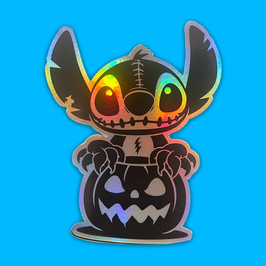Holographic Stitch Halloween Sticker – Cute Vinyl Decal for Laptops, Cars & More