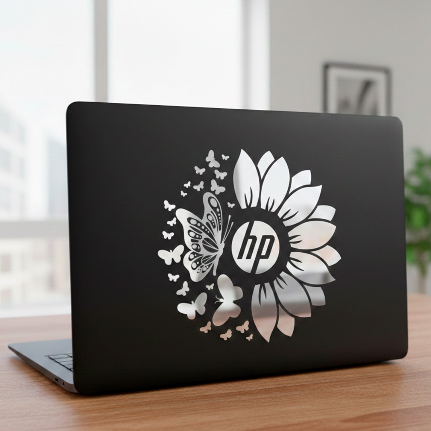 Sunflower & Butterfly Floral Vinyl Sticker 4x4 Inch – Choose Your Color