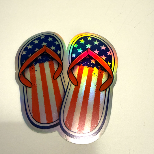 Holographic USA Flag Flip Flops Sticker Pack - 3"x4" Patriotic Decals (2-Pack)