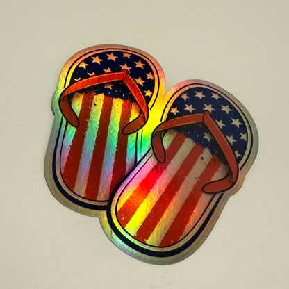 Holographic USA Flag Flip Flops Sticker Pack - 3"x4" Patriotic Decals (2-Pack)